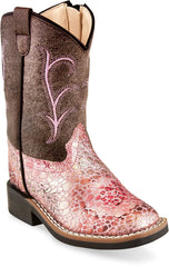 Old West Antique Pink foot Brown Crackle shaft Toddler's All Over Leatherette Material Broad Square Toe Boots - Old West