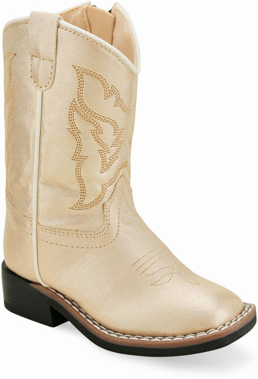 Old West Shiny Cream Toddler's All Over Leatherette Material Broad Square Toe Boots