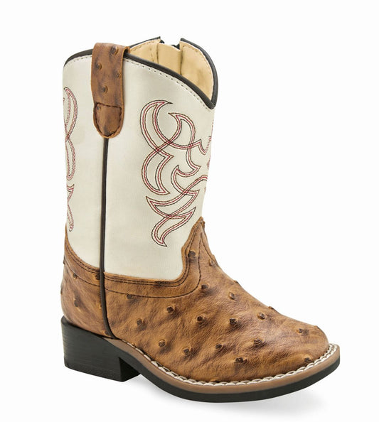 Old West Brown Ostrich Print Foot White Shaft Toddler's All Over Leatherette Material Broad Square Toe Boots