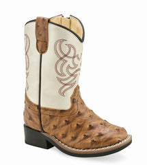 Old West Brown Ostrich Print Foot White Shaft Toddler's All Over Leatherette Material Broad Square Toe Boots - Old West