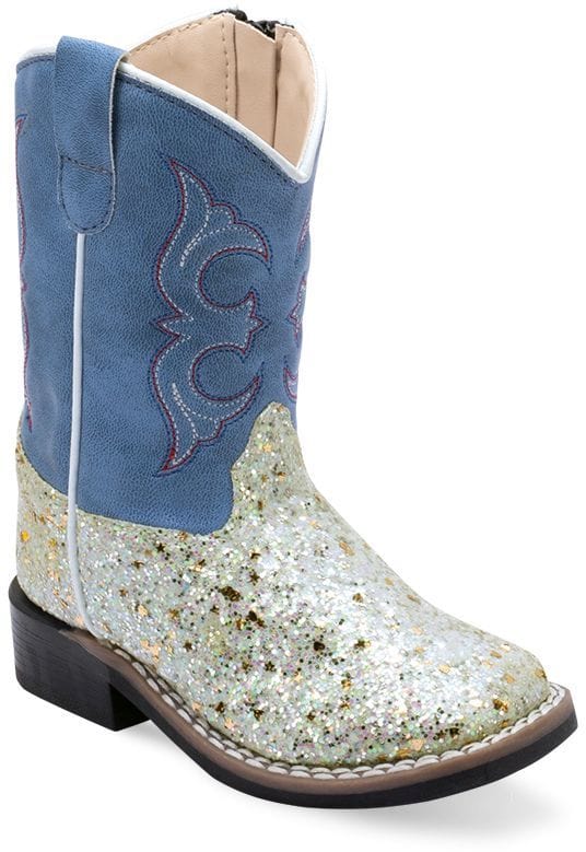 Old West Sparkling Silver Foot Sky Blue Shaft TODDLER'S ALL OVER LEATHERETTE MATERIAL BROAD SQUARE TOE BOOTS - Old West