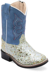 Old West Sparkling Silver Foot Sky Blue Shaft TODDLER'S ALL OVER LEATHERETTE MATERIAL BROAD SQUARE TOE BOOTS - Old West