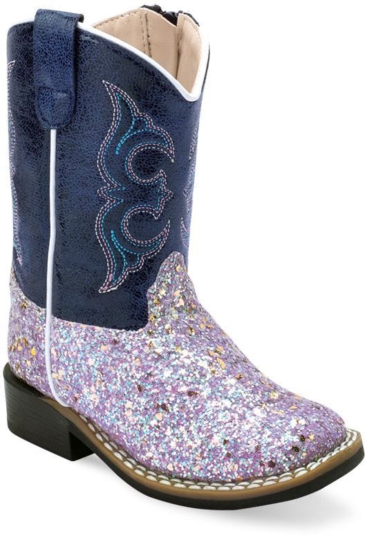 Old West Sparkling Purple Foot Blue Crackle Shaft TODDLER'S ALL OVER LEATHERETTE MATERIAL BROAD SQUARE TOE BOOTS - Old West