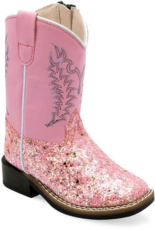 Old West Sparkling Pink Foot Pink Shaft TODDLER'S ALL OVER LEATHERETTE MATERIAL BROAD SQUARE TOE BOOTS