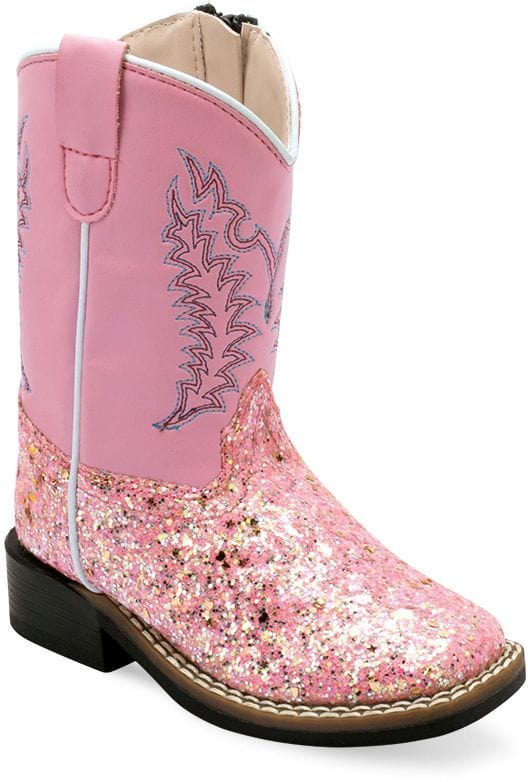 Old West Sparkling Pink Foot Pink Shaft TODDLER'S ALL OVER LEATHERETTE MATERIAL BROAD SQUARE TOE BOOTS - Old West