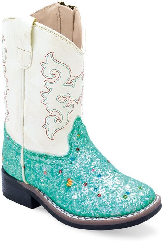 Old West Sparkling Lake Blue Foot White Shaft TODDLER'S ALL OVER LEATHERETTE MATERIAL BROAD SQUARE TOE BOOTS - Old West