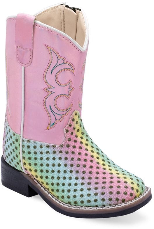 Old West Multicolored Foot Shiny Pink Shaft TODDLER'S ALL OVER LEATHERETTE MATERIAL BROAD SQUARE TOE BOOTS - Old West