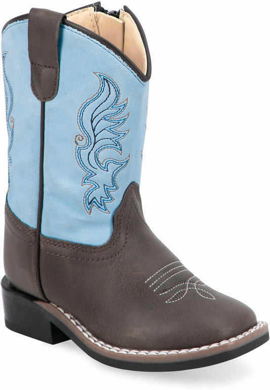 Old West Dark Brown Crazy Horse Foot Sky Blue Shaft Toddler's All Over Leatherette Material Broad Square Toe Boots - Old West