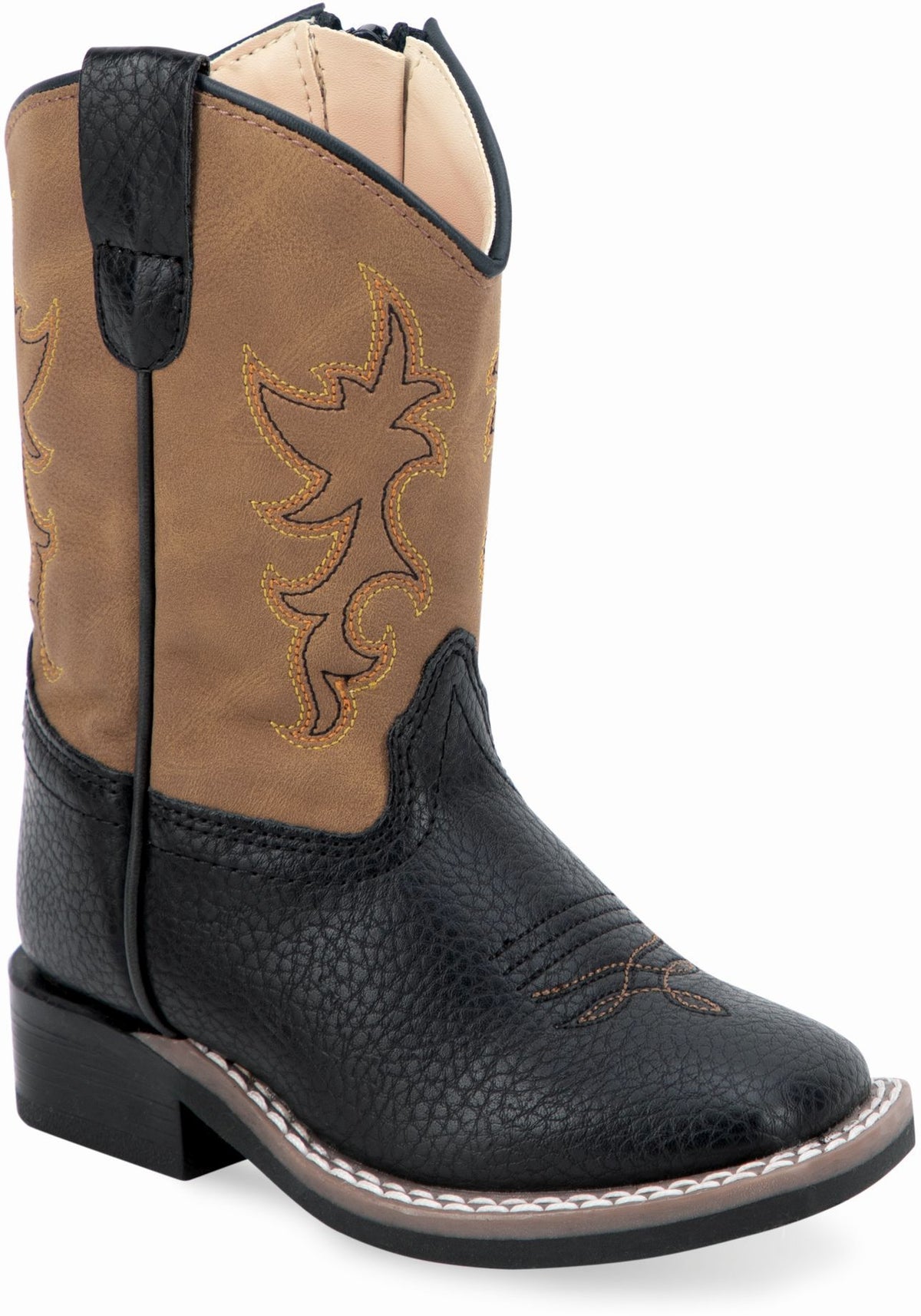 Old West Black Tumble Foot Light Brown Shaft Toddler's All Over Leatherette Material Broad Square Toe Boots