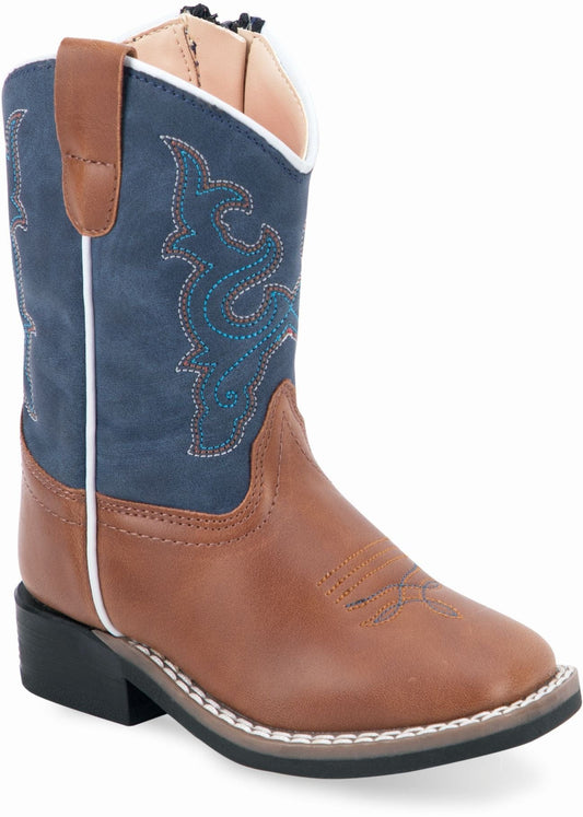 Old West Light Tan Foot Denim Blue Shaft Toddler's All Over Leatherette Material Broad Square Toe Boots - Old West