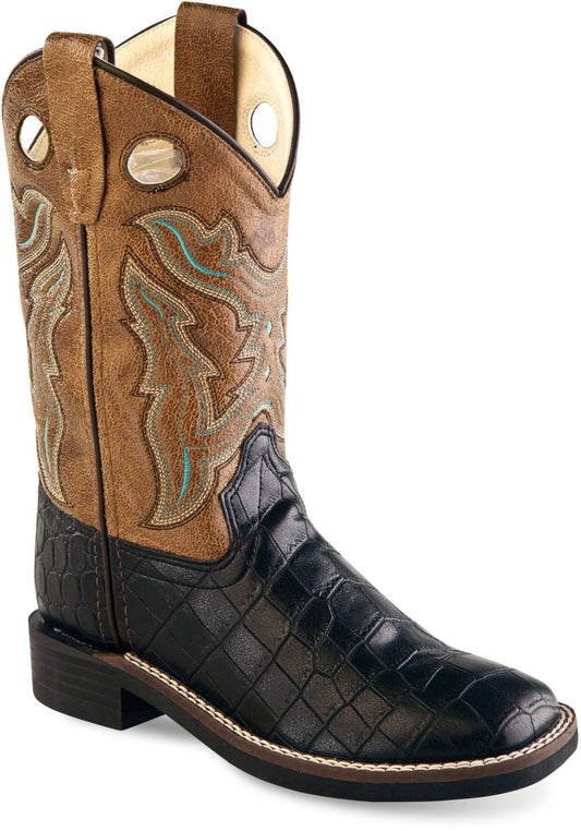 Old West Black Croco Foot Light Brown Crackle Shaft Children All Over Leatherette Material Broad Square Toe Boots