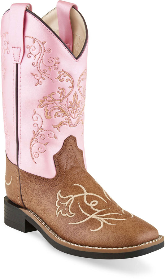 Old West Tan Vintage Foot Pink Shaft Children All Over Leatherette Material Broad Square Toe Boots