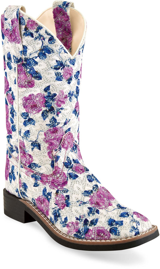 Old West Flower Print Children All Over Leatherette Material Broad Square Toe Boots