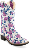 Old West Flower Print Children All Over Leatherette Material Broad Square Toe Boots - Old West