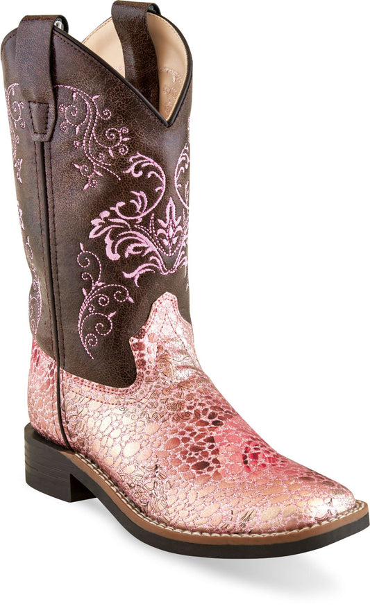 Old West Antique Pink foot Brown Crackle shaft Children All Over Leatherette Material Broad Square Toe Boots