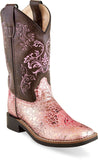 Old West Antique Pink foot Brown Crackle shaft Children All Over Leatherette Material Broad Square Toe Boots - Old West