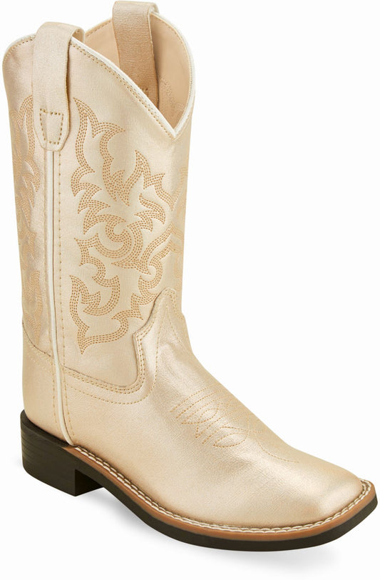 Old West Shiny Cream Children's All Over Leatherette Material Broad Square Toe Boots