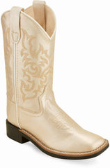 Old West Shiny Cream Children's All Over Leatherette Material Broad Square Toe Boots