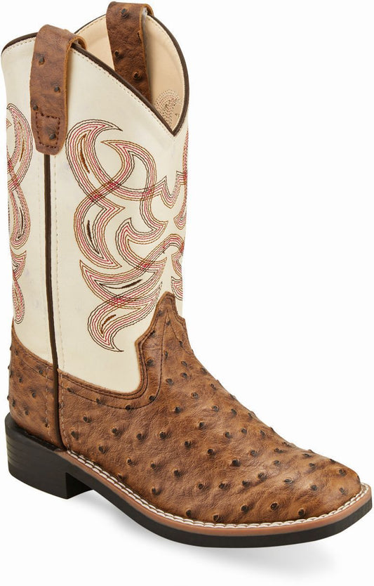 Old West Brown Ostrich Print Foot White Shaft Children All Over Leatherette Material Broad Square Toe Boots