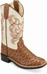 Old West Brown Ostrich Print Foot White Shaft Children All Over Leatherette Material Broad Square Toe Boots