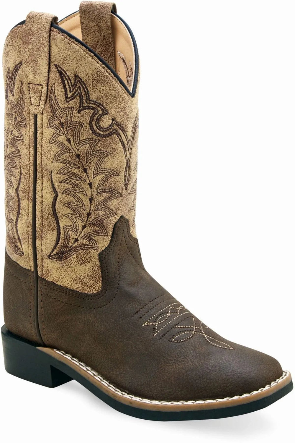 Old West Brown Foot Vintage Tan Shaft Children All Over Leatherette Material Broad Square Toe Boots - Old West