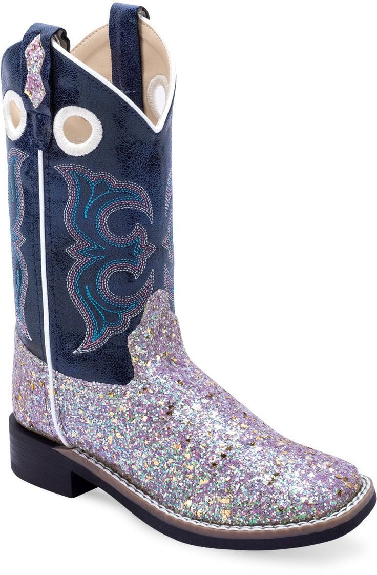 Old West Sparkling Purple Foot Blue Crackle Shaft CHILDREN ALL OVER LEATHERETTE MATERIAL BROAD SQUARE TOE BOOTS - Old West