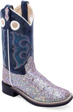 Old West Sparkling Purple Foot Blue Crackle Shaft CHILDREN ALL OVER LEATHERETTE MATERIAL BROAD SQUARE TOE BOOTS - Old West