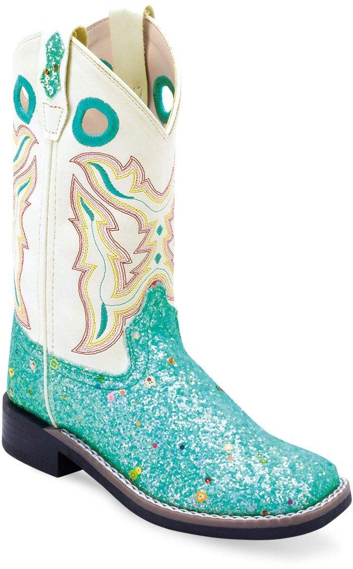 Old West Sparkling Lake Blue Foot White Shaft CHILDREN ALL OVER LEATHERETTE MATERIAL BROAD SQUARE TOE BOOTS - Old West - Flyclothing LLC