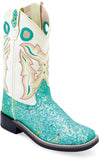Old West Sparkling Lake Blue Foot White Shaft CHILDREN ALL OVER LEATHERETTE MATERIAL BROAD SQUARE TOE BOOTS - Old West