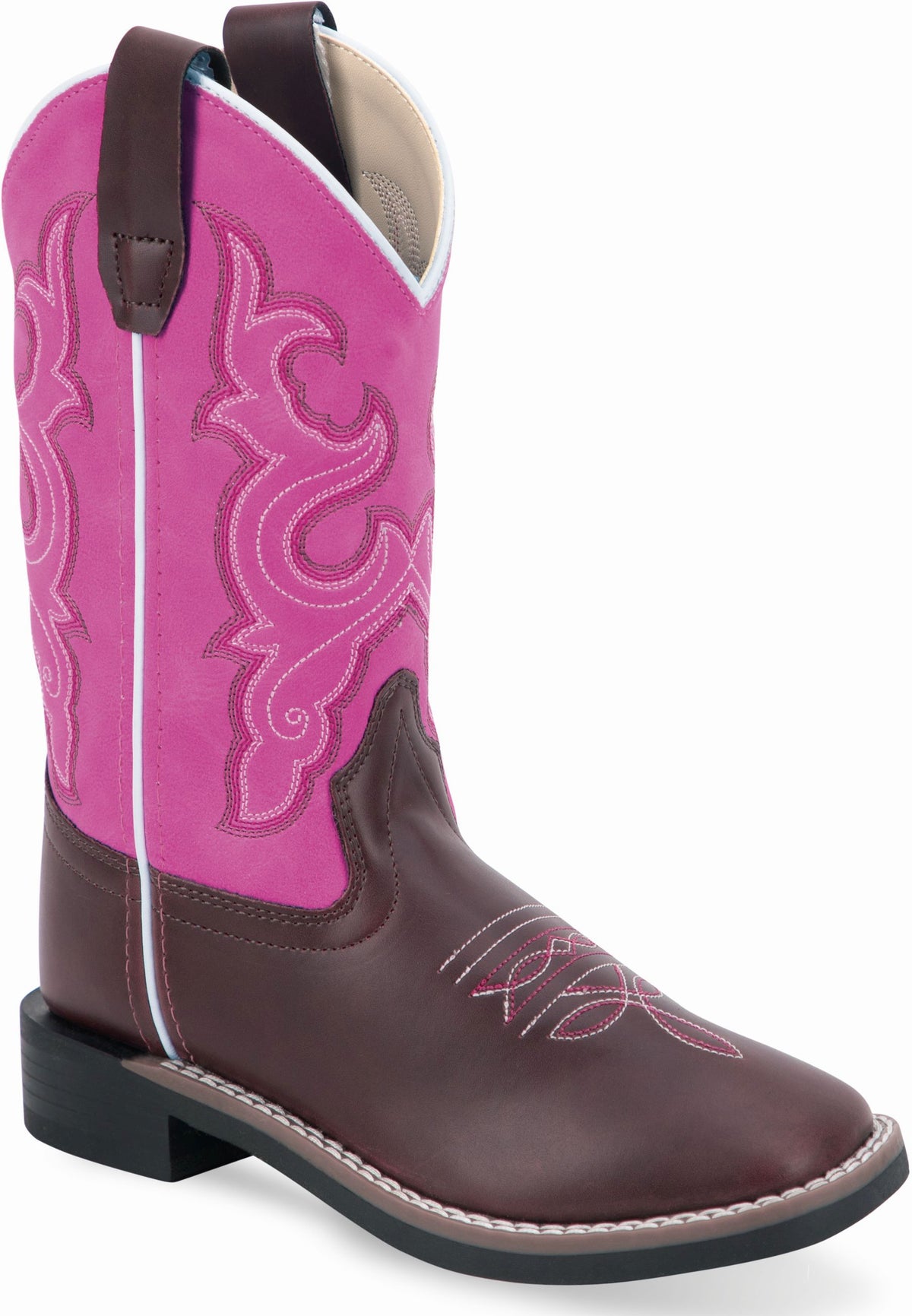 Old West Burnt Brown Foot Pink Shaft Children All Over Leatherette Material Broad Square Toe Boots