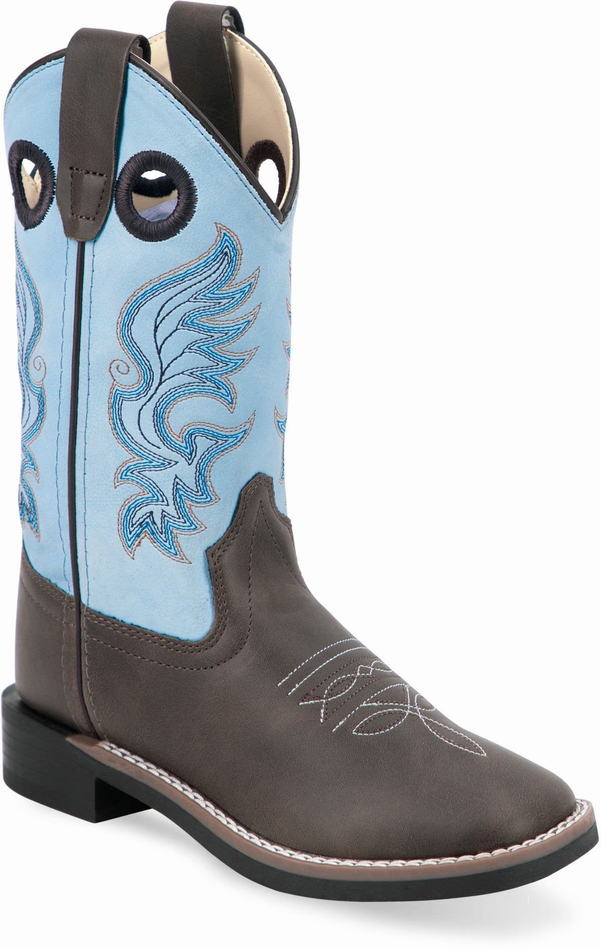 Old West Dark Brown Crazy Horse Foot Sky Blue Shaft Children All Over Leatherette Material Broad Square Toe Boots
