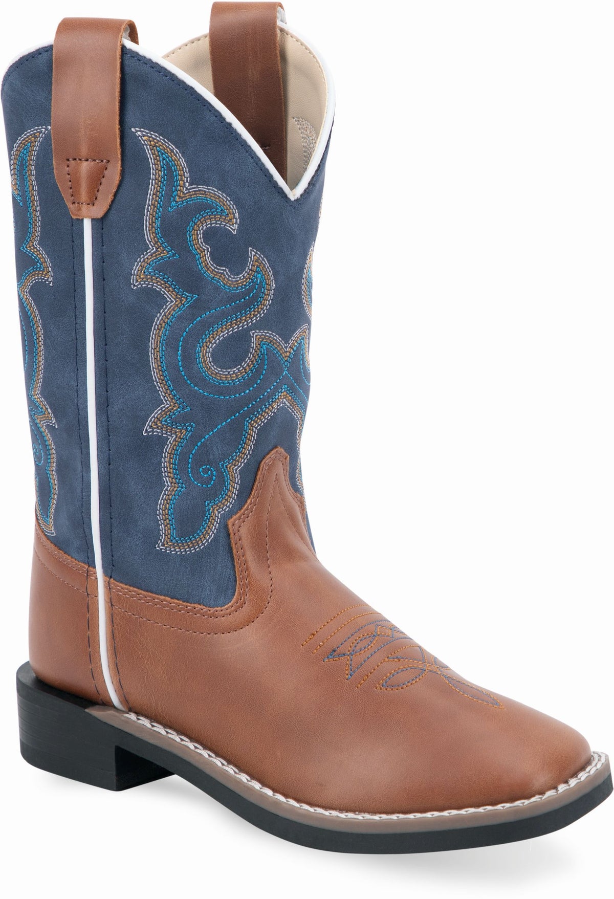 Old West Light Tan Foot Denim Blue Shaft Children All Over Leatherette Material Broad Square Toe Boots
