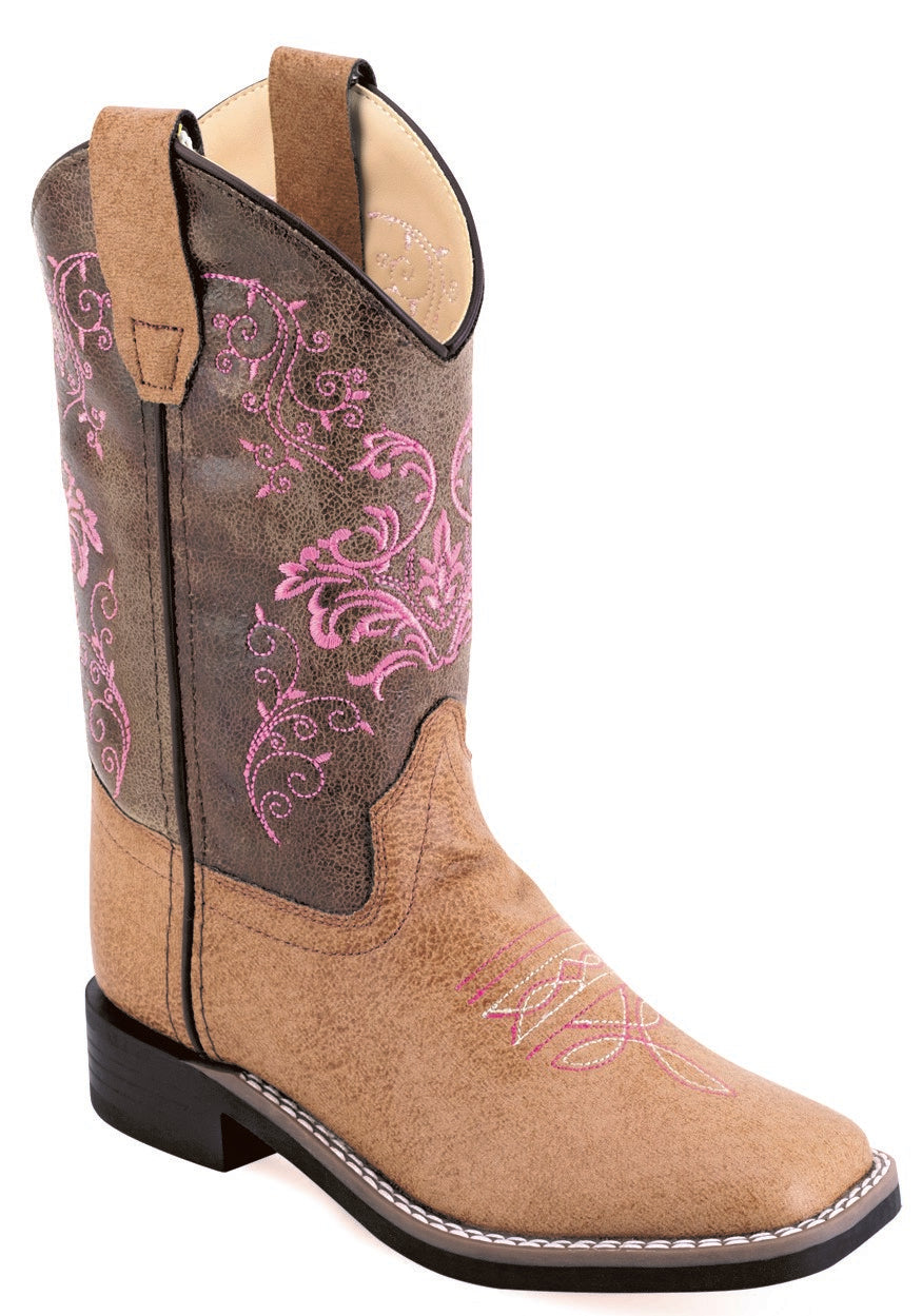 Old West Children All Over Leatherette Material Broad Square Toe Boots Tan Vintage Foot / Brown Crackle Shaft VB9196 - Old West - Flyclothing LLC