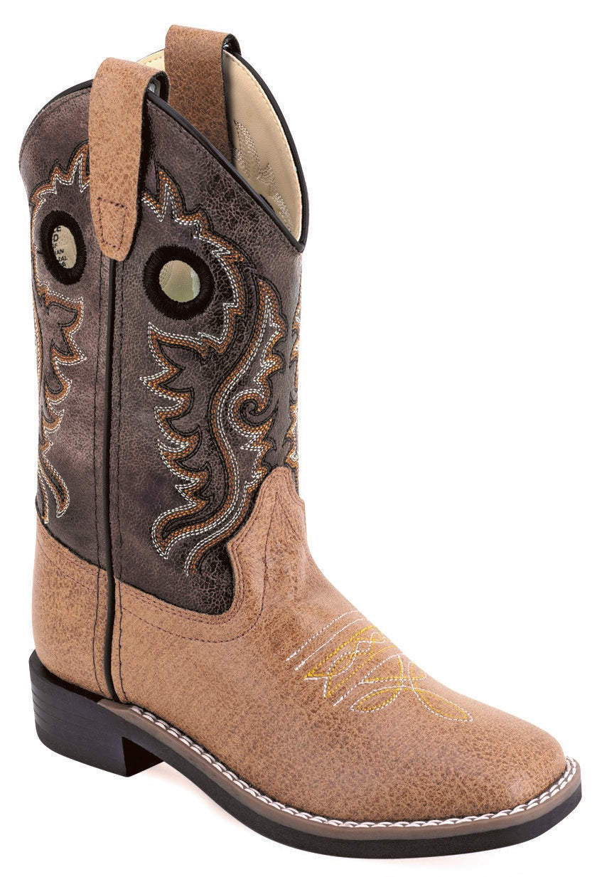 Old West Children & Youth All Over Leatherette Material Broad Square Toe Boots Tan Vintage Foot / Brown Crackle Shaft VB9197 VB9197Y - Old West - Flyclothing LLC