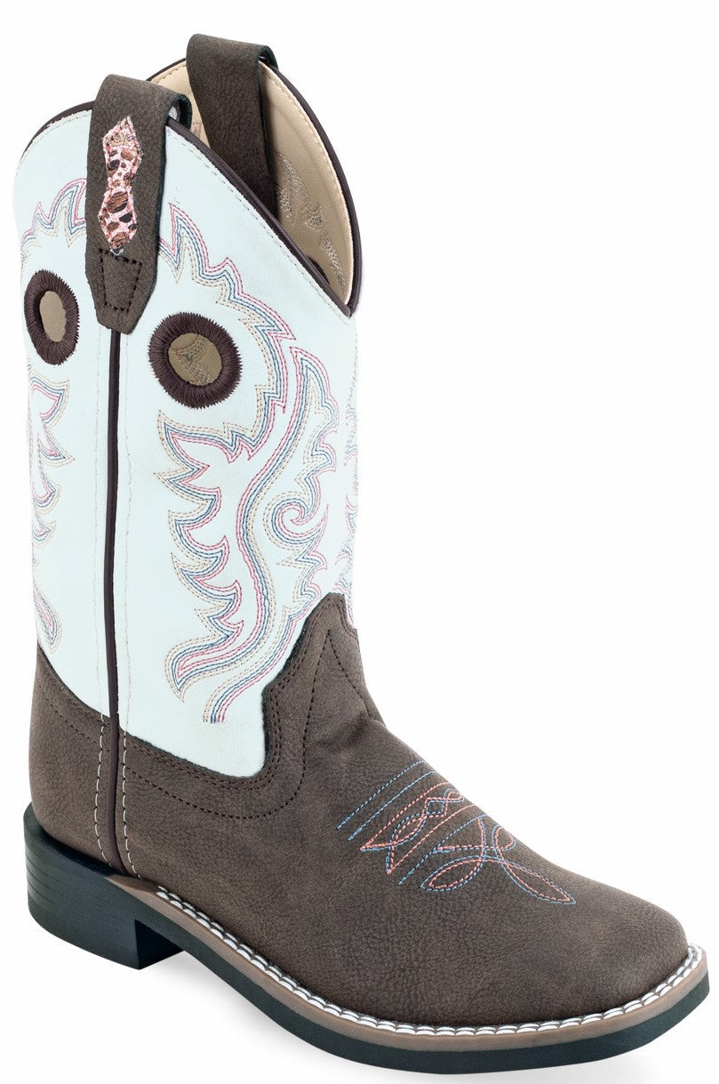 Old West Children All Over Leatherette Material Broad Square Toe Boots Brown Foot / White Shaft VB9199 - Old West - Flyclothing LLC