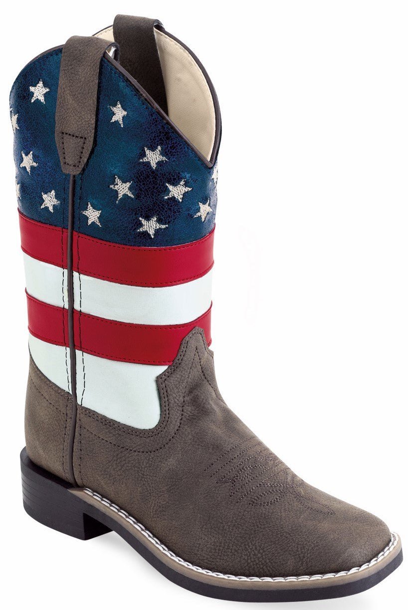 Old West Children All Over Leatherette Material Broad Square Toe Boots Brown Foot / Red, White & Blue Shaft VB9200 - Old West - Flyclothing LLC