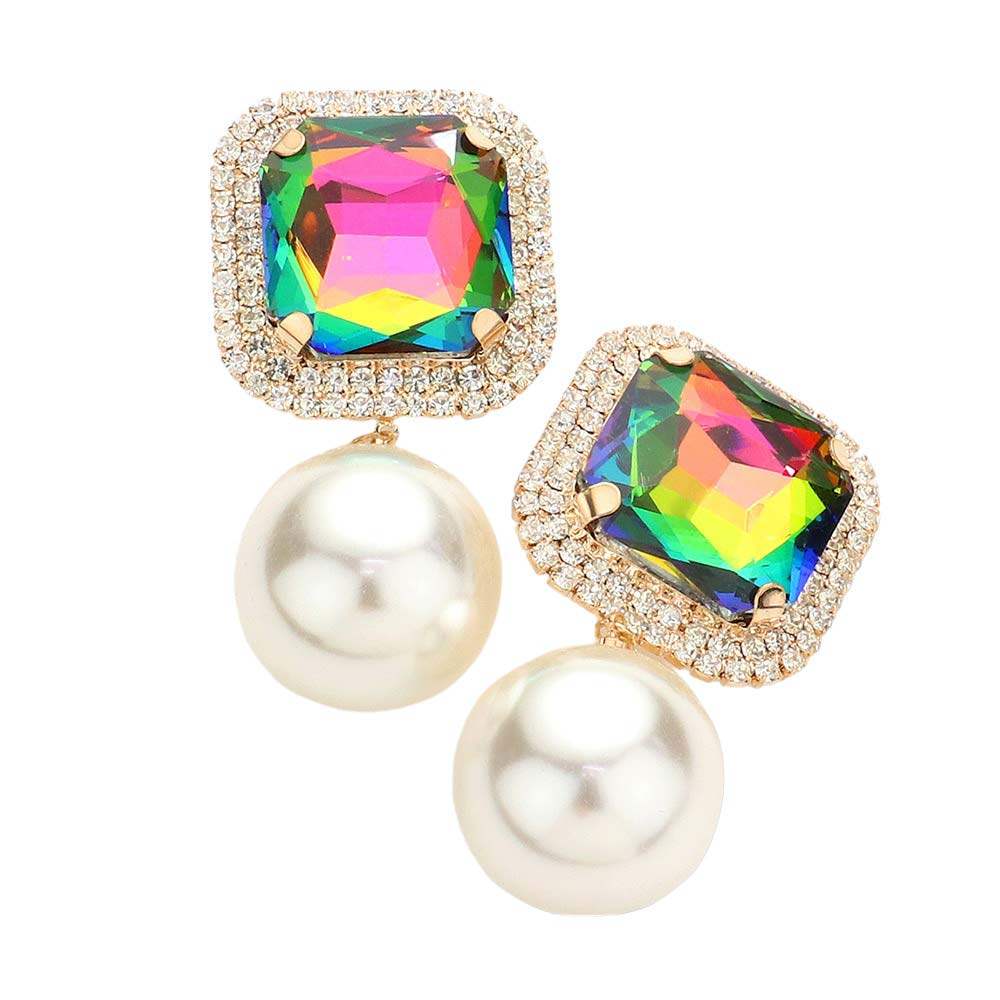 Square Stone Pearl Link Dangle Evening Clip on Earrings - Madeline Love - Flyclothing LLC