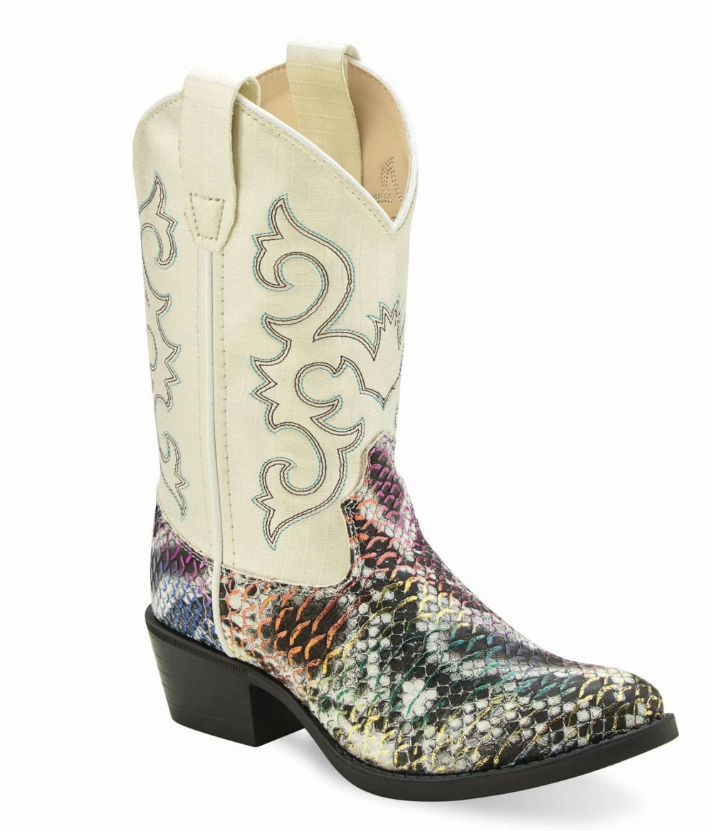 Old West Girls Multicolored Snake Print Foot / Shiny Cream Shaft Boot VJ9133 - Old West