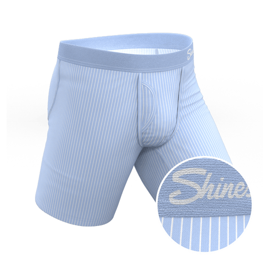The Venus | Light Blue Stripe Long Leg Ball Hammock® Pouch Underwear With Fly - Shinesty