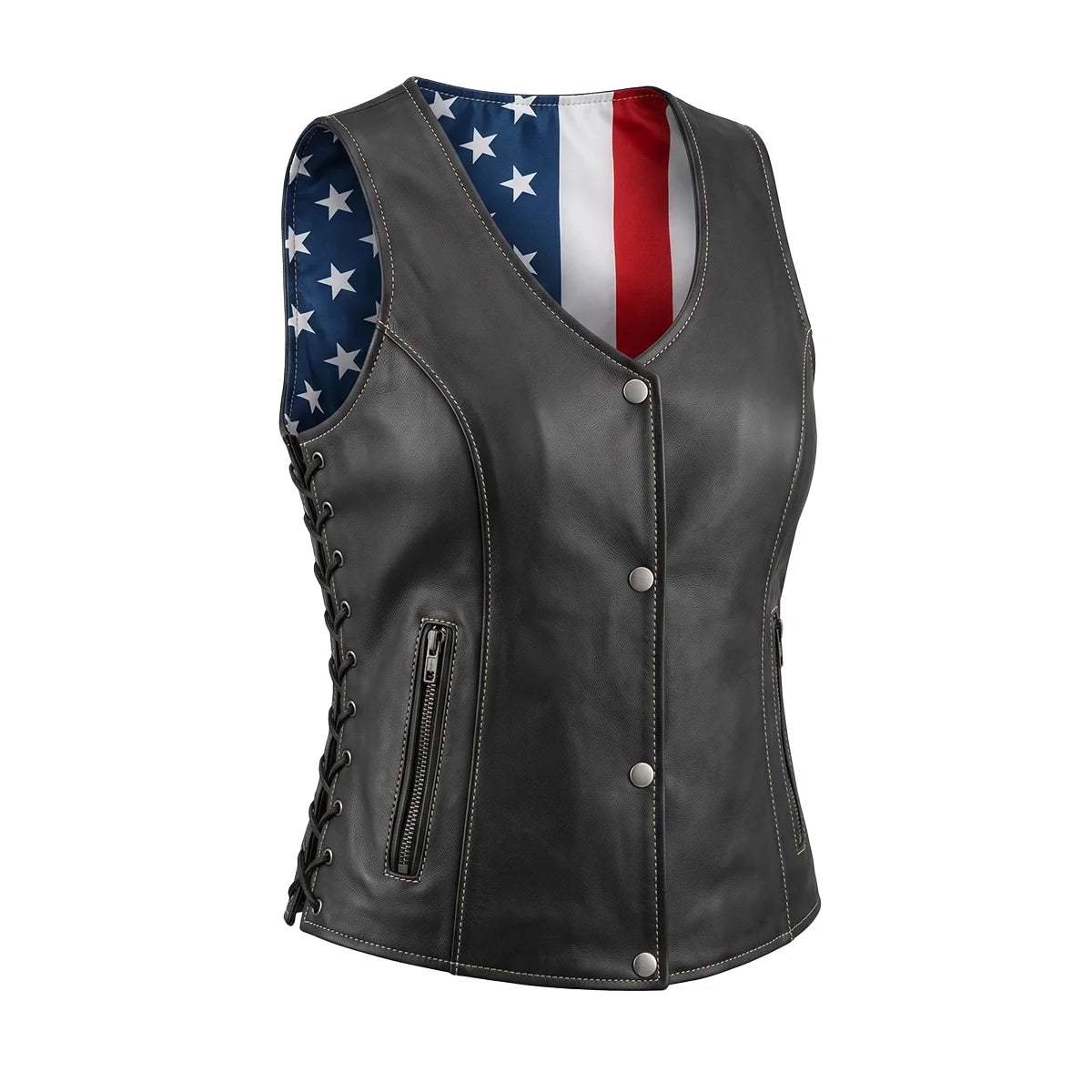American Woman - USA Flag Liner Leather Motorcycle Vest - Unik Just for Bikers - Flyclothing LLC