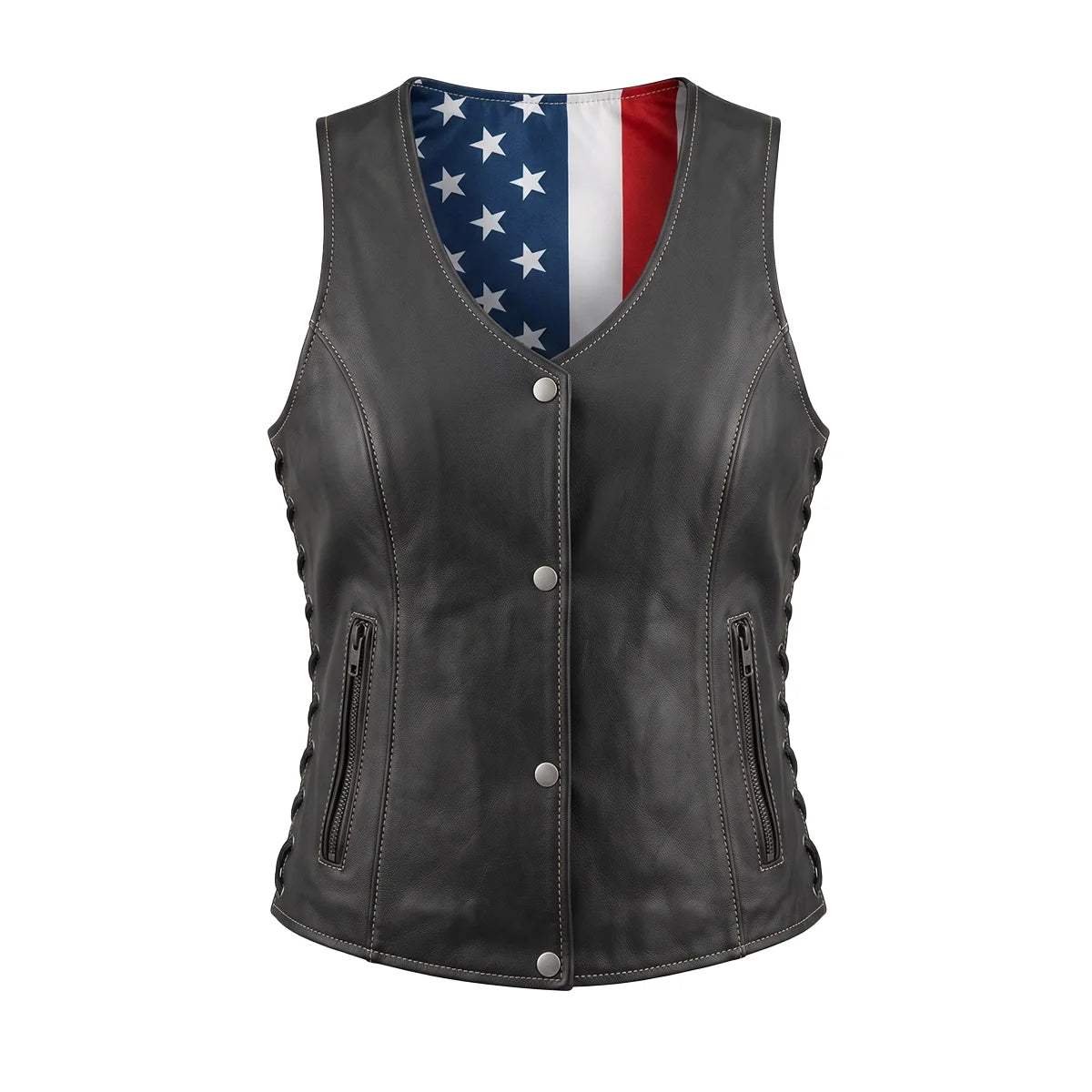 American Woman - USA Flag Liner Leather Motorcycle Vest - Unik Just for Bikers - Flyclothing LLC