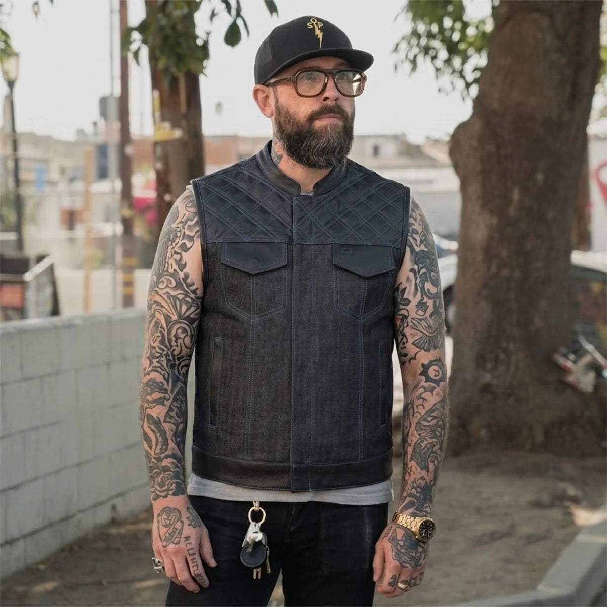 Cobalt - Men's Leather/Denim Club Style Motorcycle Vest - Unik Just for Bikers - Flyclothing LLC