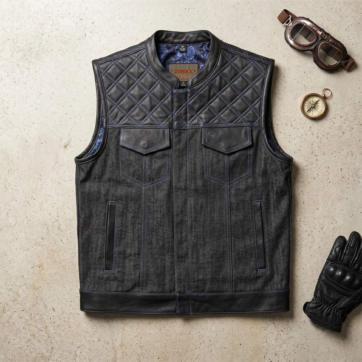 Cobalt - Men's Leather/Denim Club Style Motorcycle Vest - Unik Just for Bikers - Flyclothing LLC