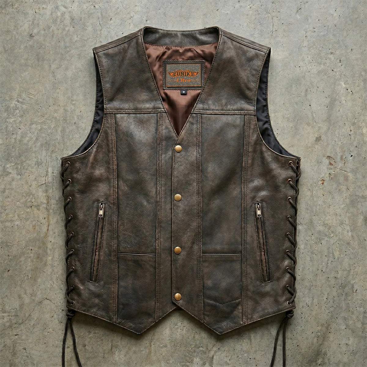 Toas - Men's Motorcycle Leather Vest (Brown) - Unik Just for Bikers - Flyclothing LLC