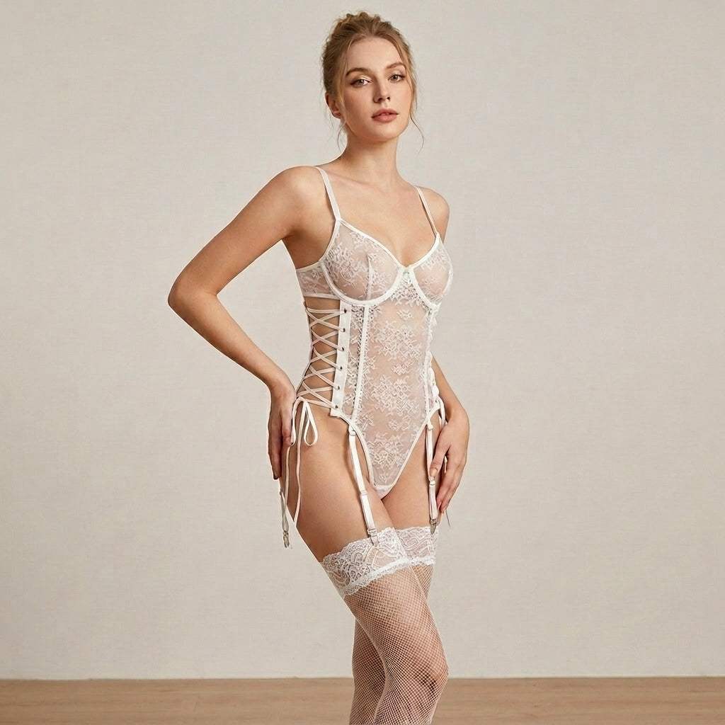 Vienna Lace-Up Sheer Lace 2 Piece White Bodysuit - Lingerie By Coco - Flyclothing LLC