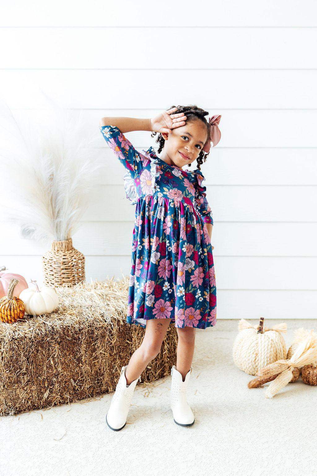 Vintage Garden 3/4 Sleeve Ruffle Twirl Dress - Mila & Rose ® - Flyclothing LLC