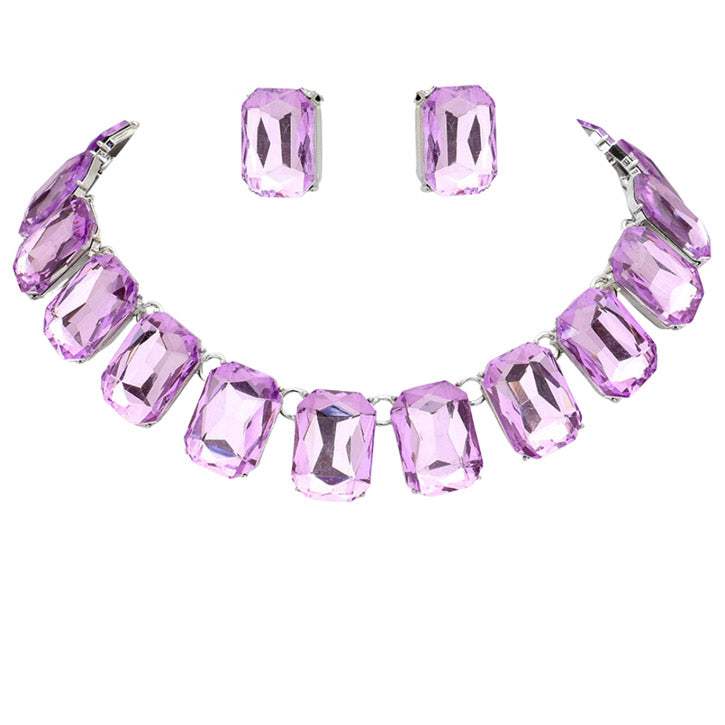 Emerald Cut Stone Link Evening Necklace Earring Set - Madeline Love - Flyclothing LLC