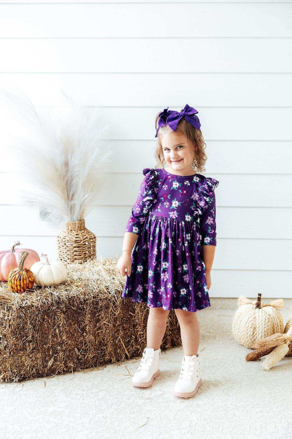 Violets in Bloom 3/4 Sleeve Ruffle Twirl Dress - Mila & Rose ® - Flyclothing LLC
