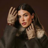Violetta (brown) - Italian tweed women's gloves with touchscreen capability and adjustable snap button