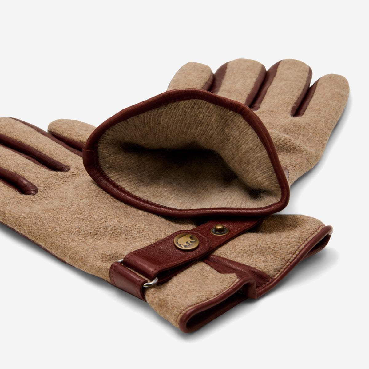 Violetta (brown) - Italian tweed women's gloves with touchscreen capability and adjustable snap button